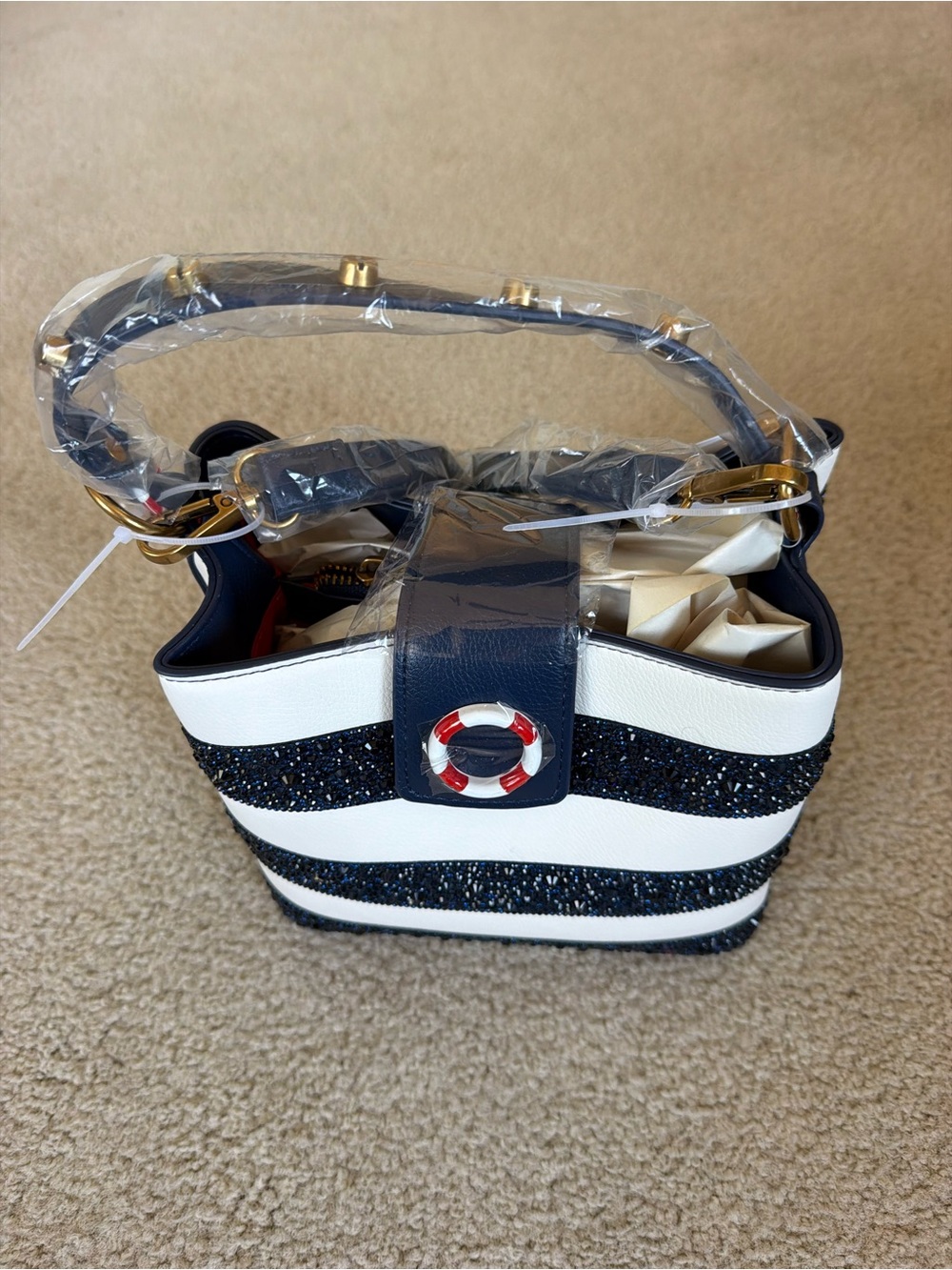 Betsey Johnson Navy and White Striped Crossbody with Lifesaver Accent